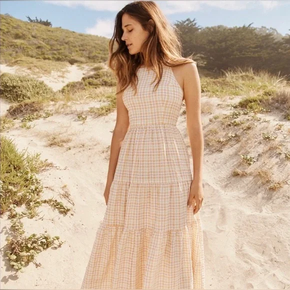 *SOLD*Christy Dawn Delphine Midi Tiered Sun Dress in Snapdragon Gingham Pink Tan - Picture 2 of 11